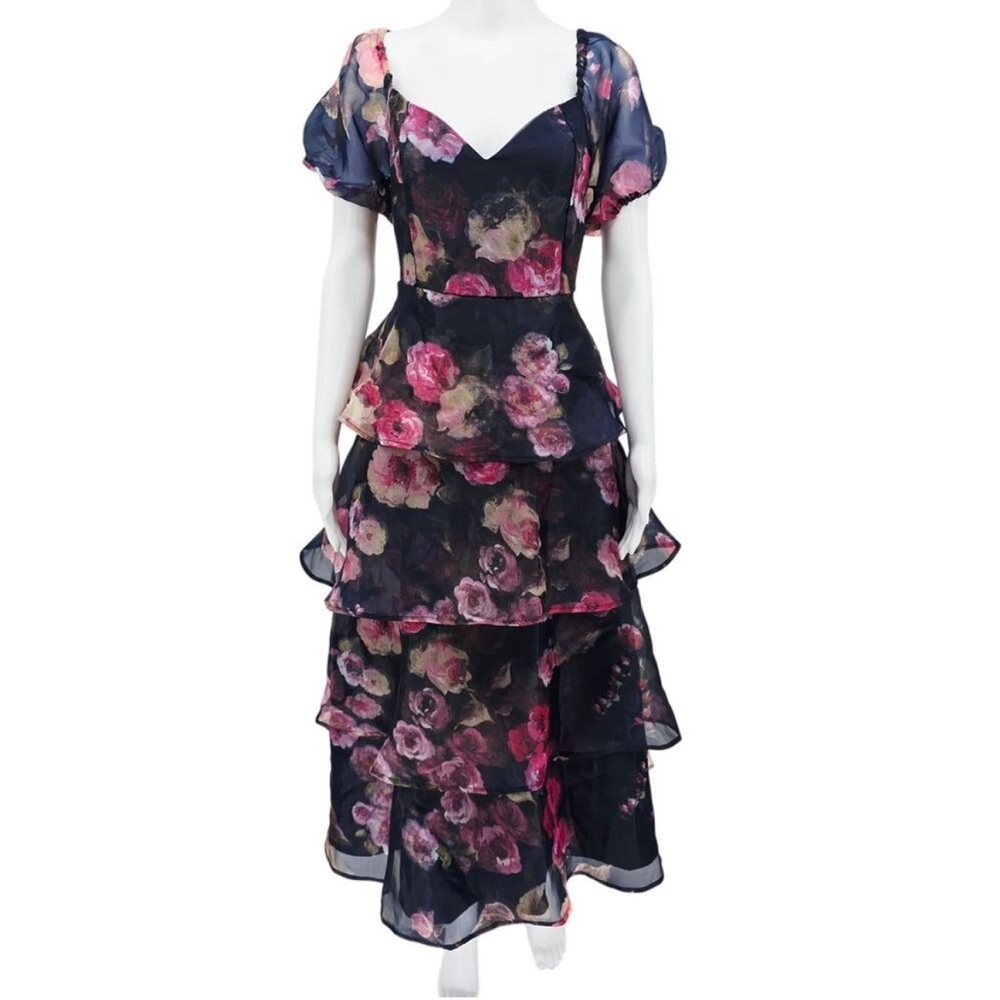 Lulu's Oh So Stunning Organza Tiered Midi Dress Navy Blue L New